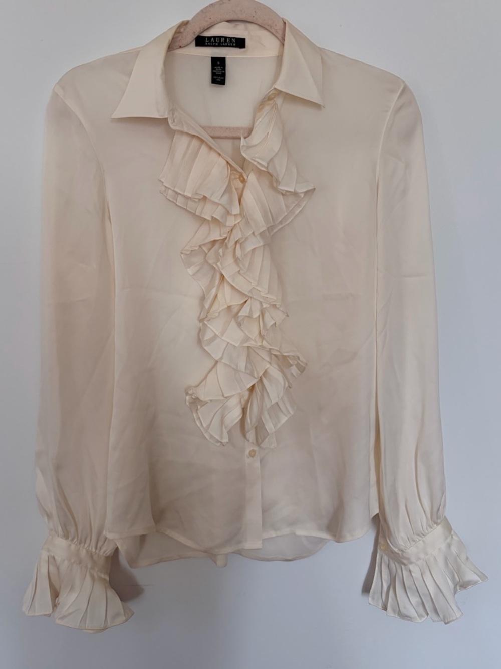 Lauren Ralph Lauren Ivory 100% Silk Ruffle Button-down Blouse - Size Small